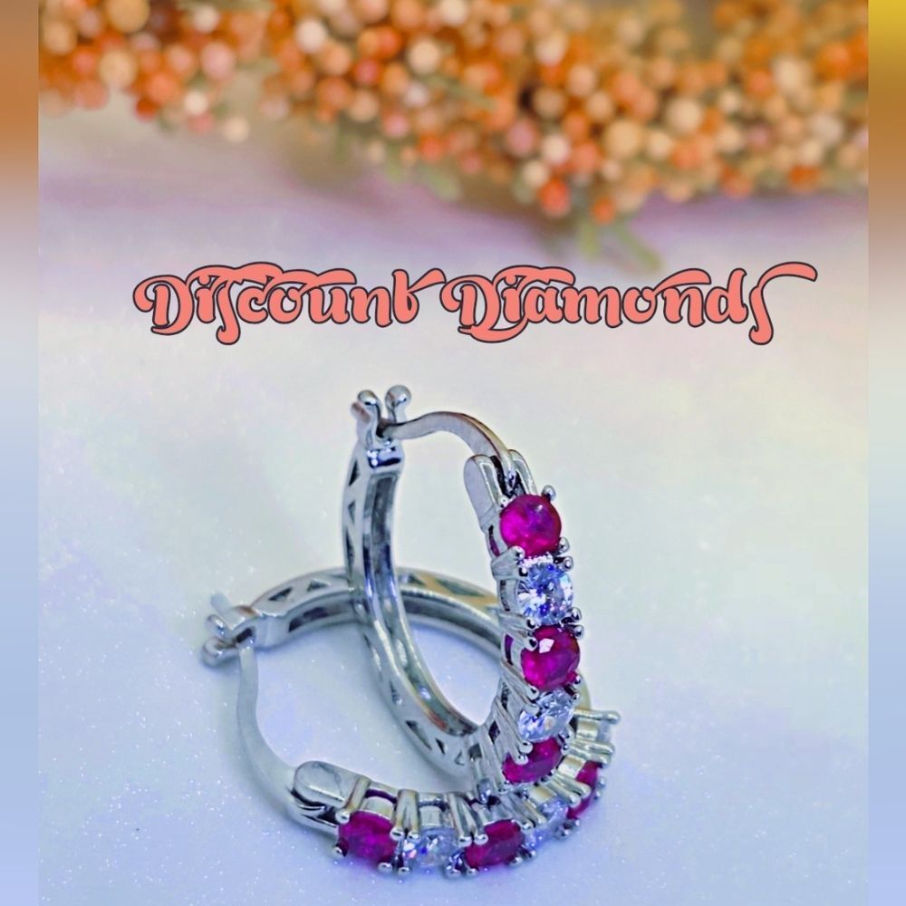Red and White Sapphire Hoop Earrings on 925 Sterling Silver